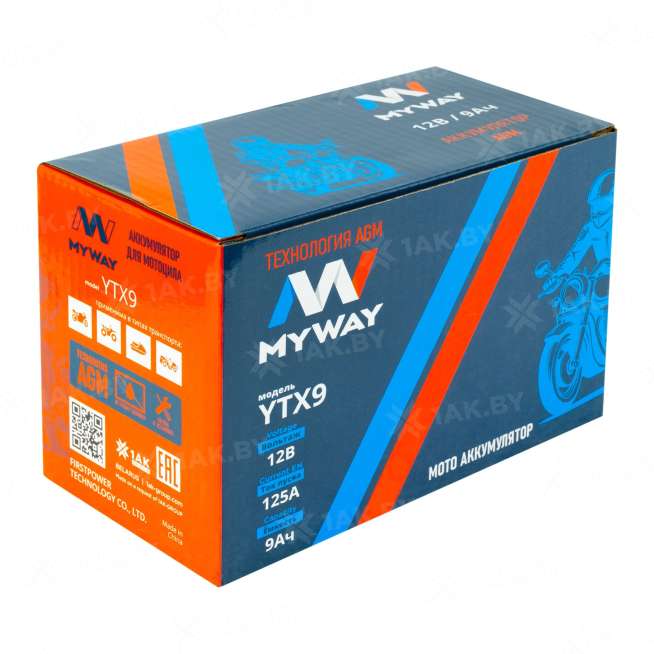 Аккумулятор для мотоцикла MYWAY (9 Ah) 125 A, 12 V Прямая, L+ YT9B-4 YTX9 (MYWAY) 2