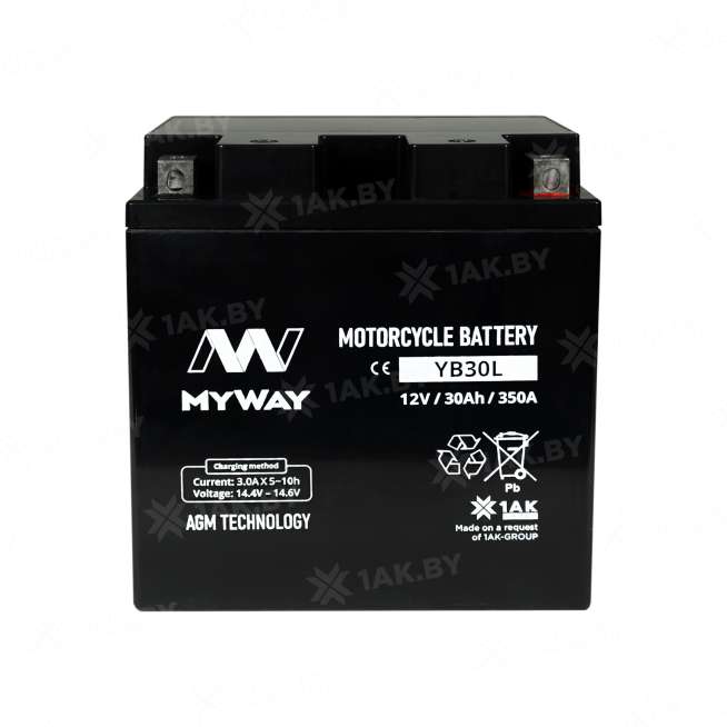 Аккумулятор для мотоцикла MYWAY (30 Ah) 350 A, 12 V Обратная, R+ YB30L-BS YB30L (MYWAY) 0