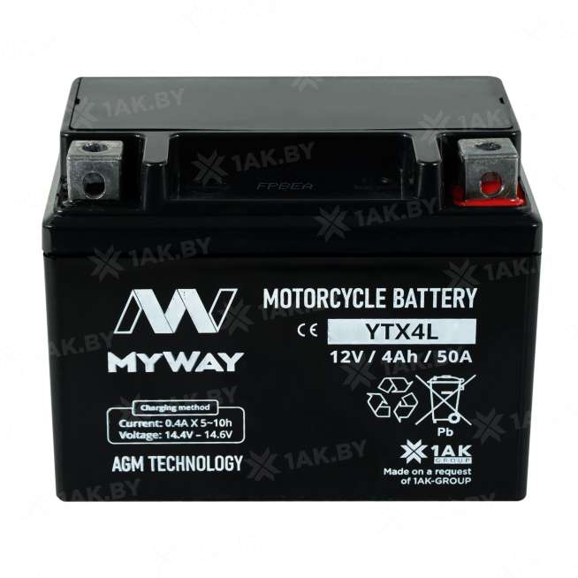 Аккумулятор для мотоцикла MYWAY (4 Ah) 50 A, 12 V Обратная, R+ YTX4L-BS YTX4L (MYWAY) 0