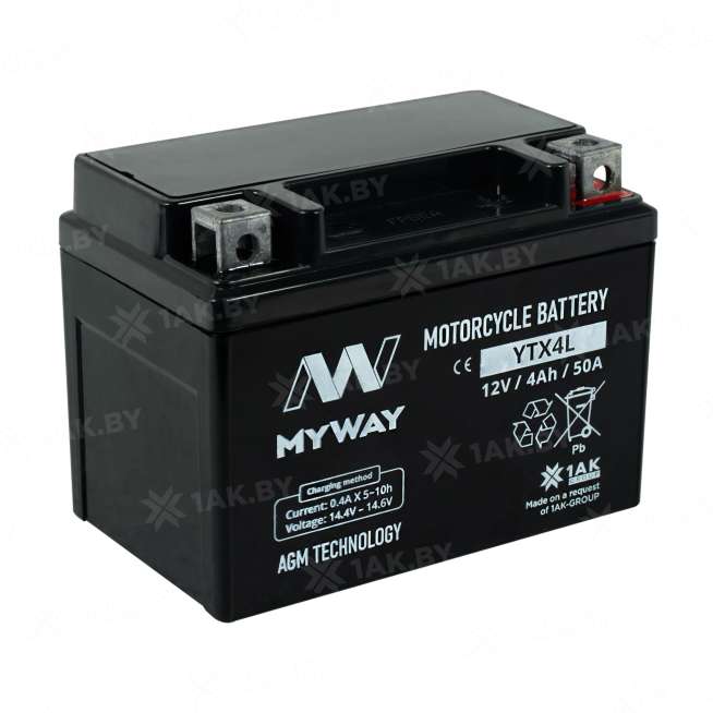 Аккумулятор для мотоцикла MYWAY (4 Ah) 50 A, 12 V Обратная, R+ YTX4L-BS YTX4L (MYWAY) 2
