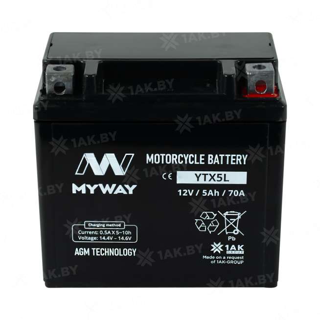 Аккумулятор для мотоцикла MYWAY (5 Ah) 70 A, 12 V Обратная, R+ YTX5L-BS YTX5L (MYWAY) 0