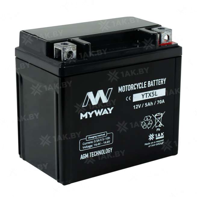 Аккумулятор для мотоцикла MYWAY (5 Ah) 70 A, 12 V Обратная, R+ YTX5L-BS YTX5L (MYWAY) 1