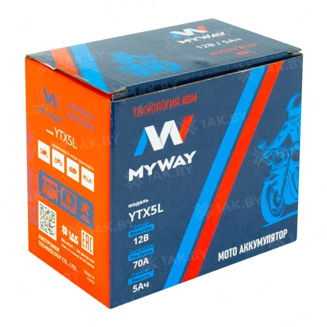 Аккумулятор для мотоцикла MYWAY (5 Ah) 70 A, 12 V Обратная, R+ YTX5L-BS YTX5L (MYWAY) 2