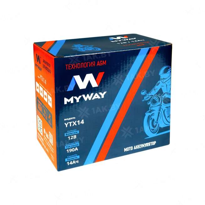 Аккумулятор для мотоцикла MYWAY (14 Ah) 190 A, 12 V Прямая, L+ YTX14-BS YTX14 (MYWAY) 0
