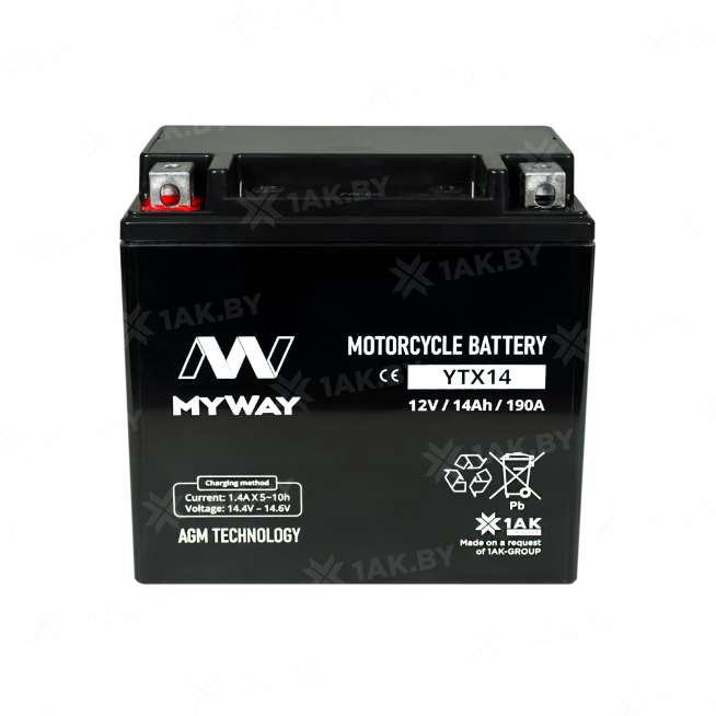 Аккумулятор для мотоцикла MYWAY (14 Ah) 190 A, 12 V Прямая, L+ YTX14-BS YTX14 (MYWAY) 1