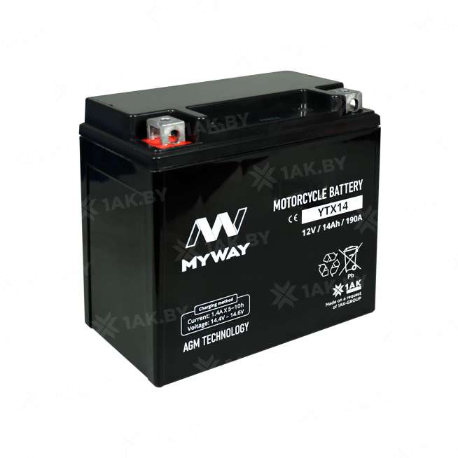 Аккумулятор для мотоцикла MYWAY (14 Ah) 190 A, 12 V Прямая, L+ YTX14-BS YTX14 (MYWAY) 3
