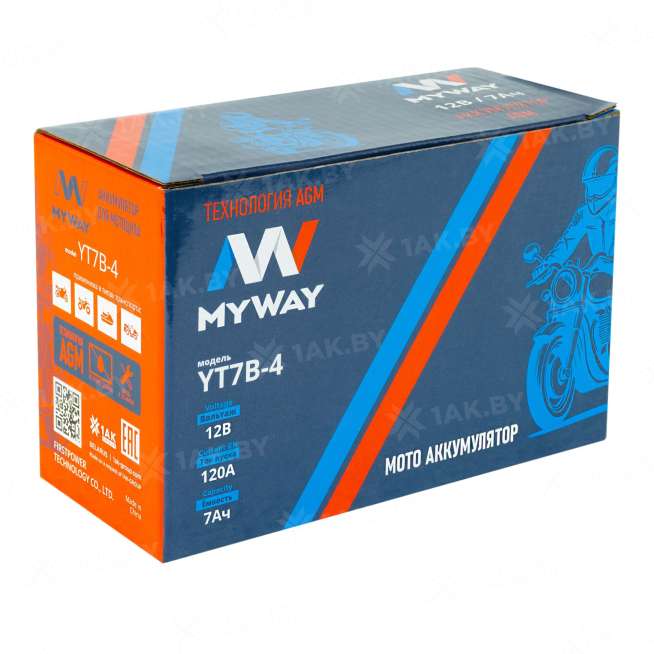 Аккумулятор для мотоцикла MYWAY (7 Ah) 120 A, 12 V Прямая, L+ YT7B-4 YT7B-4 (MYWAY) 0