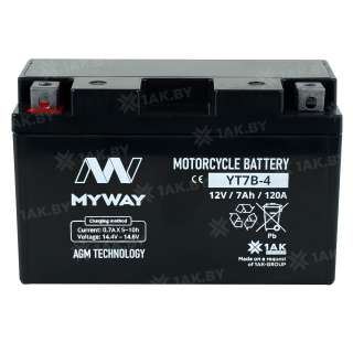Аккумулятор для мотоцикла MYWAY (7 Ah) 120 A, 12 V Прямая, L+ YT7B-4 YT7B-4 (MYWAY)