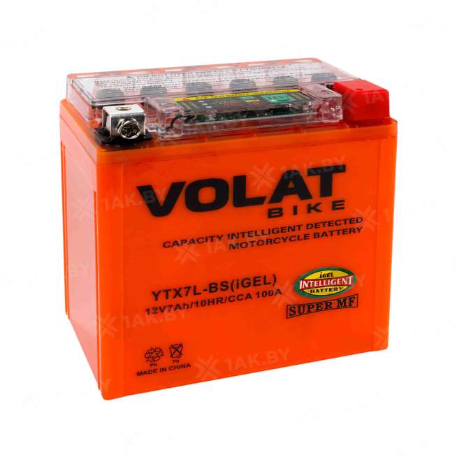 Аккумулятор для мотоцикла VOLAT (7 Ah) 100 A, 12 V Обратная, R+ YTX7L-BS YTX7L-BS(iGEL)Volat 10