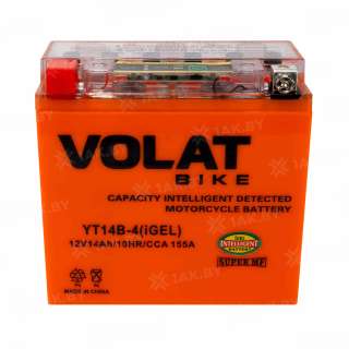 Аккумулятор для мотоцикла VOLAT (14 Ah) 155 A, 12 V Прямая, L+ YT14B-4 YT14B-4(iGEL)Volat Аккумулятор для мотоцикла VOLAT (14 Ah) 155 A, 12 V Прямая, L+ YT14B-4 YT14B-4(iGEL)Volat