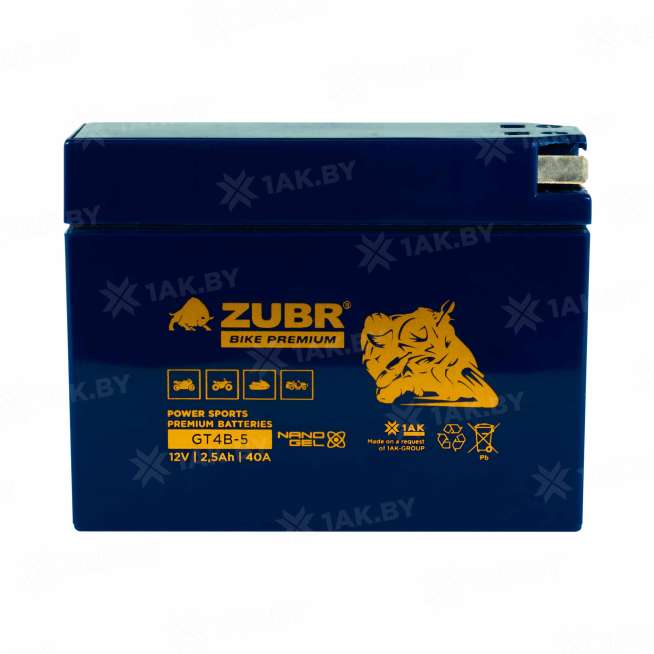 Аккумулятор для мотоцикла ZUBR (2.5 Ah) 40 A, 12 V Обратная, R+ GT4B-5 GT4B-5 (ZubrPrem) 0