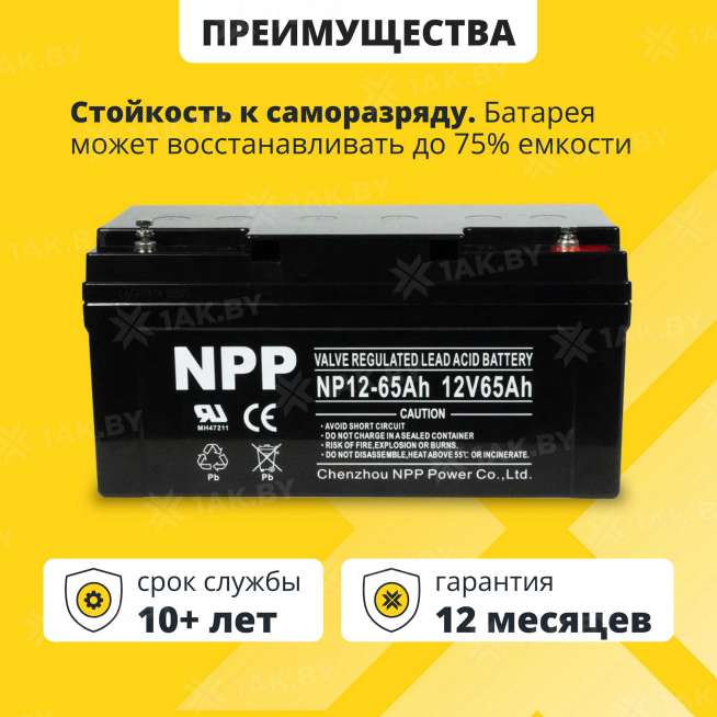Аккумулятор NPP для ИБП, детского электромобиля, эхолота (65 Ah,12 V) AGM 350x167x182 20.4 кг 1