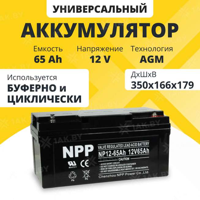 Аккумулятор NPP для ИБП, детского электромобиля, эхолота (65 Ah,12 V) AGM 350x167x182 20.4 кг 0
