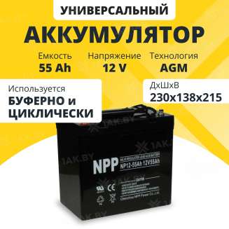 Аккумулятор NPP для ИБП, детского электромобиля, эхолота (55 Ah,12 V) AGM 230х138х211/215 17.3 кг 0