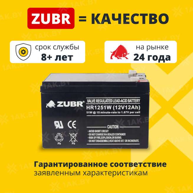 Аккумулятор ZUBR для ИБП, детского электромобиля, эхолота (12 Ah,12 V) AGM 151x98x94 4 кг 1