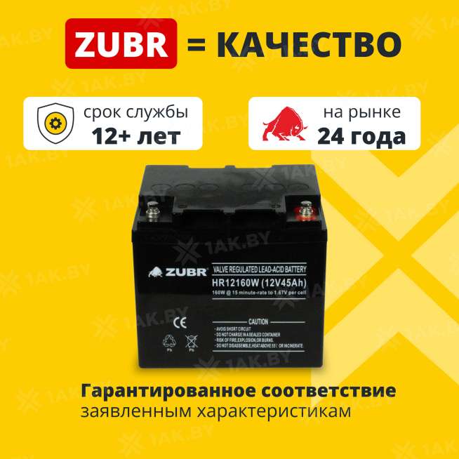 Аккумулятор ZUBR для ИБП, детского электромобиля, эхолота (45 Ah,12 V) AGM 197x165x170 14.3 кг 1