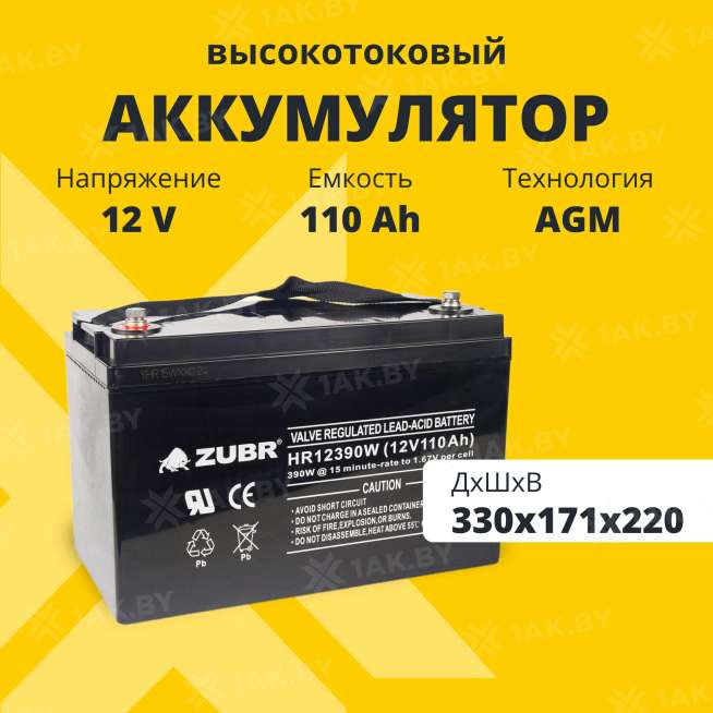 Аккумулятор ZUBR для ИБП, детского электромобиля, эхолота (110 Ah,12 V) AGM 330x171x214/220 32.7 кг 0