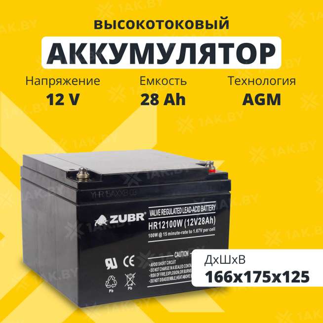 Аккумулятор ZUBR для ИБП, детского электромобиля, эхолота (28 Ah,12 V) AGM 166x175x125 8.8 кг 0