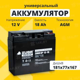 Аккумулятор ZUBR для ИБП, детского электромобиля, эхолота (18 Ah,12 V) AGM 181x77x167 5.5 кг 0