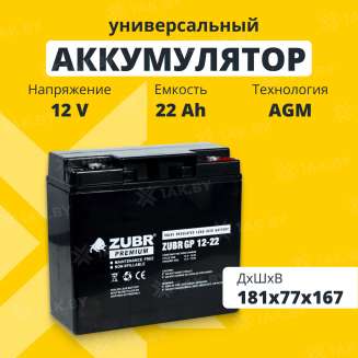 Аккумулятор ZUBR для ИБП, детского электромобиля, эхолота (22 Ah,12 V) AGM 181x77x167 5.9 кг 0