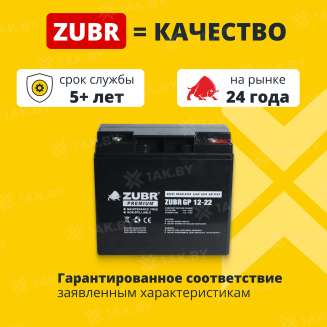 Аккумулятор ZUBR для ИБП, детского электромобиля, эхолота (22 Ah,12 V) AGM 181x77x167 5.9 кг 1
