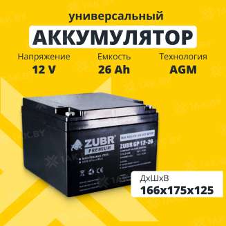 Аккумулятор ZUBR для ИБП, детского электромобиля, эхолота (26 Ah,12 V) AGM 166x175x125 8 кг 0