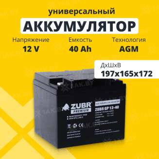 Аккумулятор ZUBR для ИБП, детского электромобиля, эхолота (40 Ah,12 V) AGM 197x165x172 13.2 кг 0
