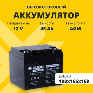 Аккумулятор ZUBR для ИБП, детского электромобиля, эхолота (45 Ah,12 V) AGM 198x166x169 14.5 кг 0