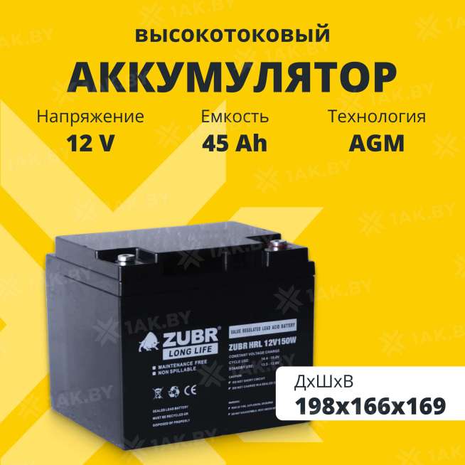 Аккумулятор ZUBR для ИБП, детского электромобиля, эхолота (45 Ah,12 V) AGM 198x166x169 14.5 кг 0