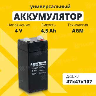 Аккумулятор ZUBR для ИБП, детского электромобиля, эхолота (4.5 Ah,4 V) AGM 47х47х102/107 0.54 кг 0