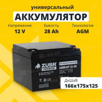 Аккумулятор ZUBR для ИБП, детского электромобиля, эхолота (28 Ah,12 V) AGM 166x175x125 8.3 кг 0
