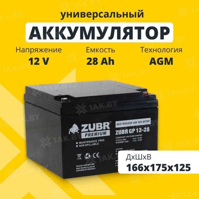Аккумулятор ZUBR для ИБП, детского электромобиля, эхолота (28 Ah,12 V) AGM 166x175x125 8.3 кг 0