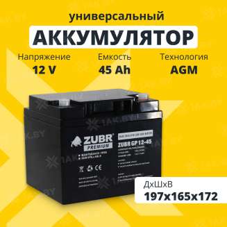Аккумулятор ZUBR для ИБП, детского электромобиля, эхолота (45 Ah,12 V) AGM 197x165x172 15 кг 0