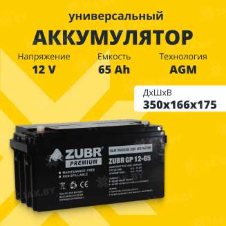 Аккумулятор ZUBR для ИБП, детского электромобиля, эхолота (65 Ah,12 V) AGM 350x166x175 21 кг 0