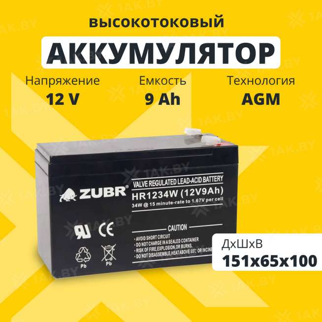 Аккумулятор ZUBR для ИБП, детского электромобиля, эхолота (9 Ah,12 V) AGM 151х65х94/100 2.65 кг 0