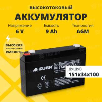 Аккумулятор ZUBR для ИБП, детского электромобиля, эхолота (9 Ah,6 V) AGM 151x34x100 1.35 кг 0