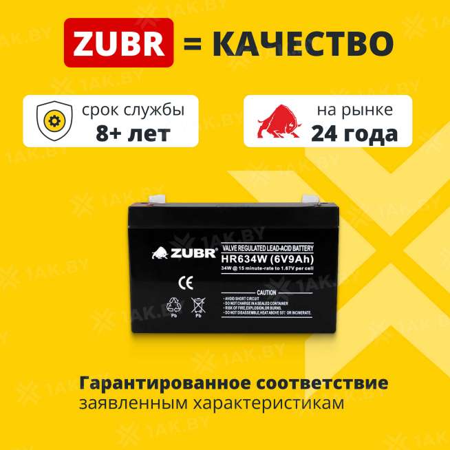 Аккумулятор ZUBR для ИБП, детского электромобиля, эхолота (9 Ah,6 V) AGM 151x34x100 1.35 кг 1