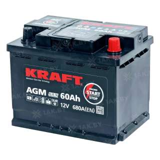 Аккумулятор KRAFT (60 Ah) 680 A, 12 V Обратная, R+ L2 AGM-L2