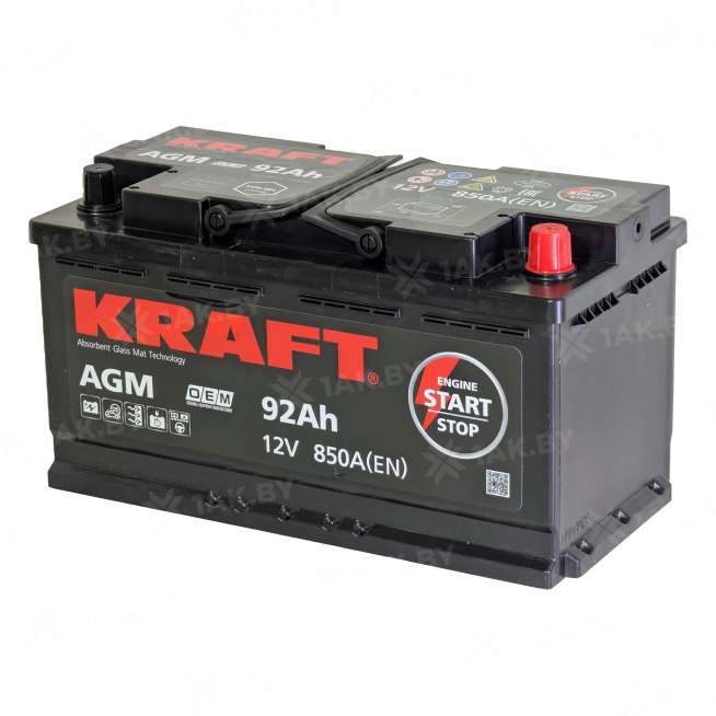 Аккумулятор KRAFT (92 Ah) 850 A, 12 V Обратная, R+ L5 AGM-L5. 0