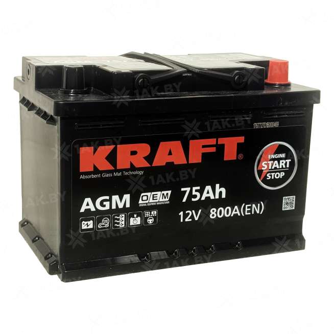 Аккумулятор KRAFT (75 Ah) 800 A, 12 V Обратная, R+ L3 AGM-L3; 0
